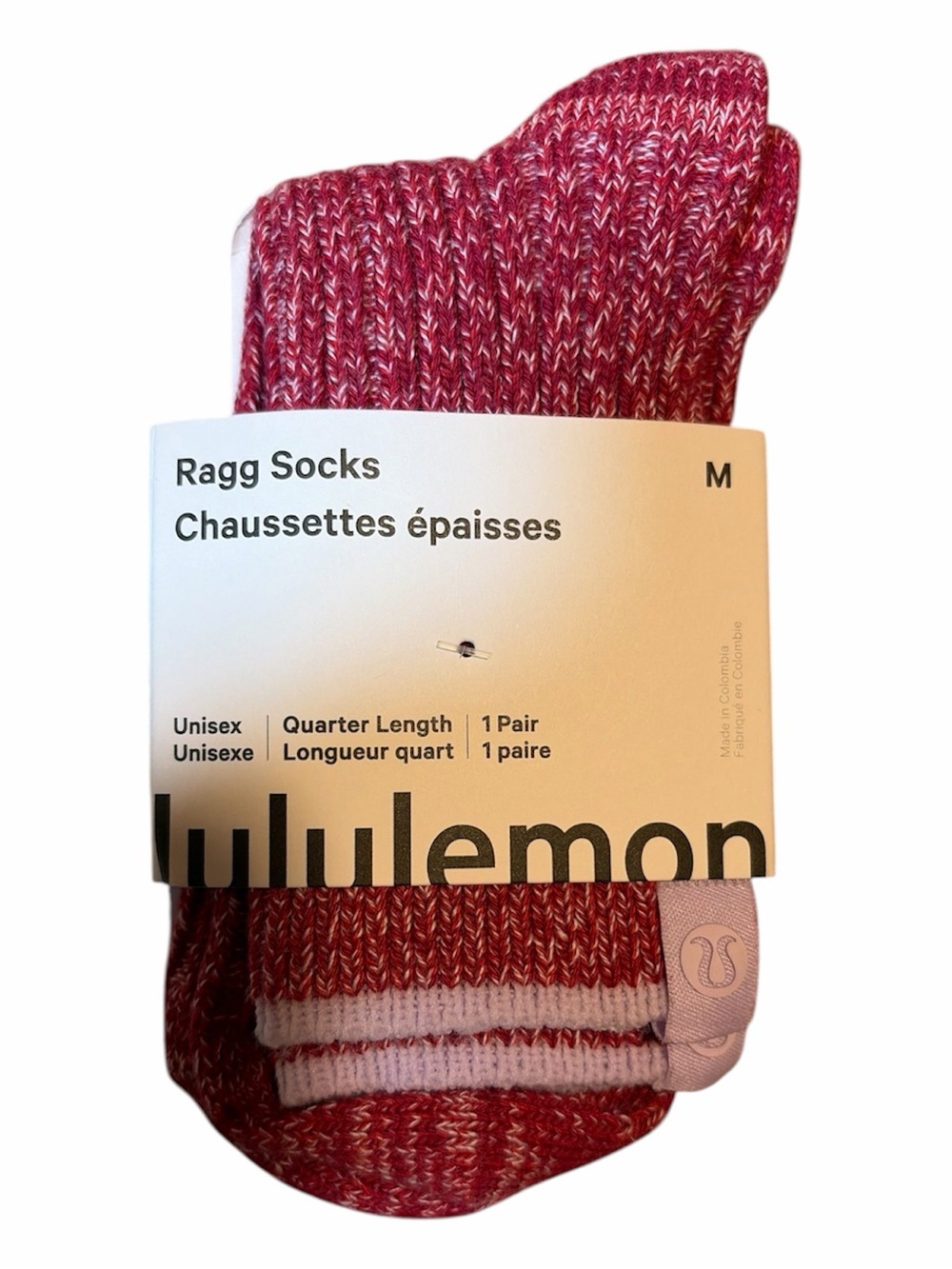 Lululemon Ragg Quarter Length Socks Heathered Red Pink Unisex Size M